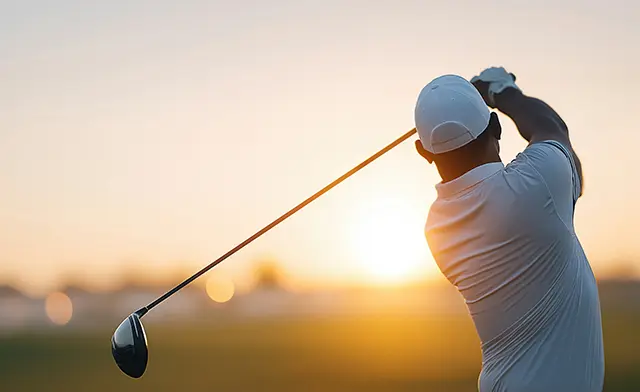 Rear view of golfer swinging club with dynamic motion against su